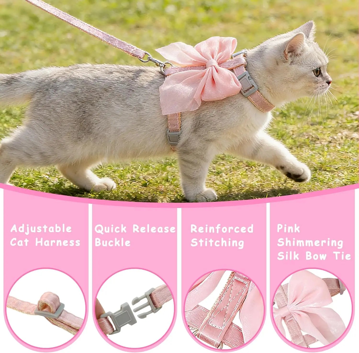 Pink Bow Cat Harness and Leash Set Escape Proof Adjustable for Walking Outdoor with Soft Lightweight Design for Small Cats