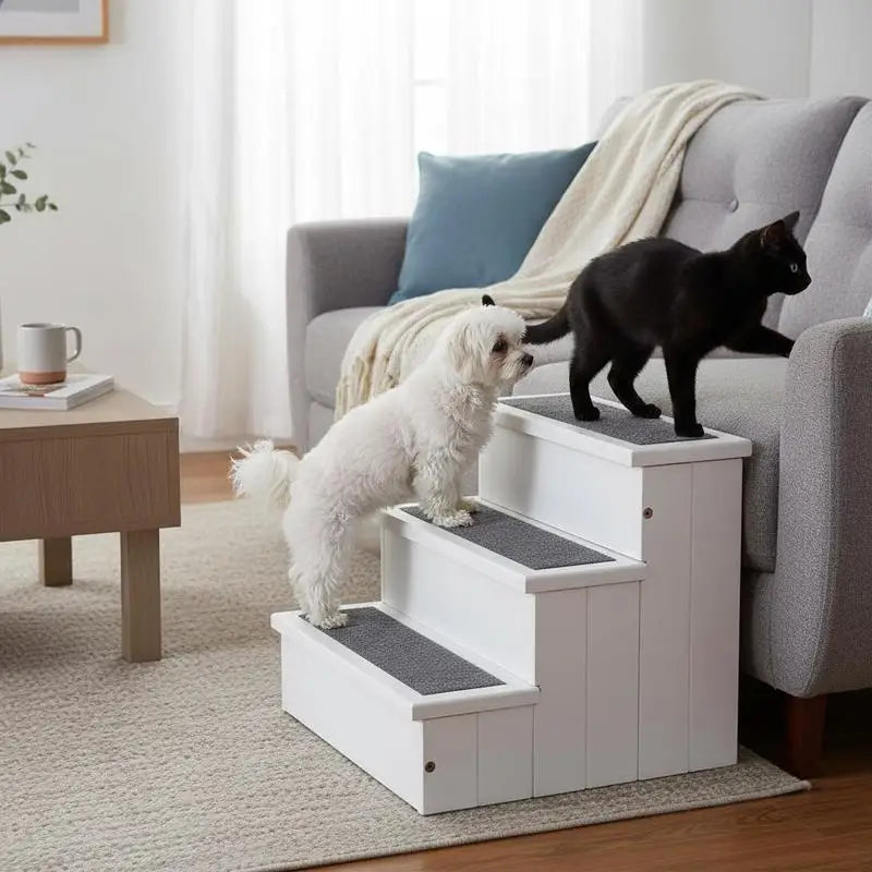 3 Step Wooden Dog Steps Pet Stairs for Dogs, Cat Ladder for Bed Couch with Storage White