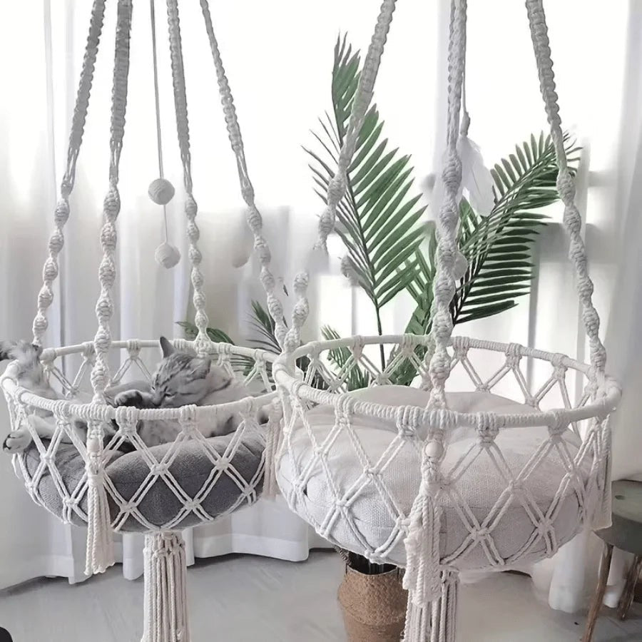 Large Hand Woven Rope Cat Bed Multifunctional Indoor Swing Nest Sturdy Load Bearing Design Spacious Space For Two Kittens Soft Comfort Resting Sleeping Pad Durable Pet Relax Furniture For Daily Use