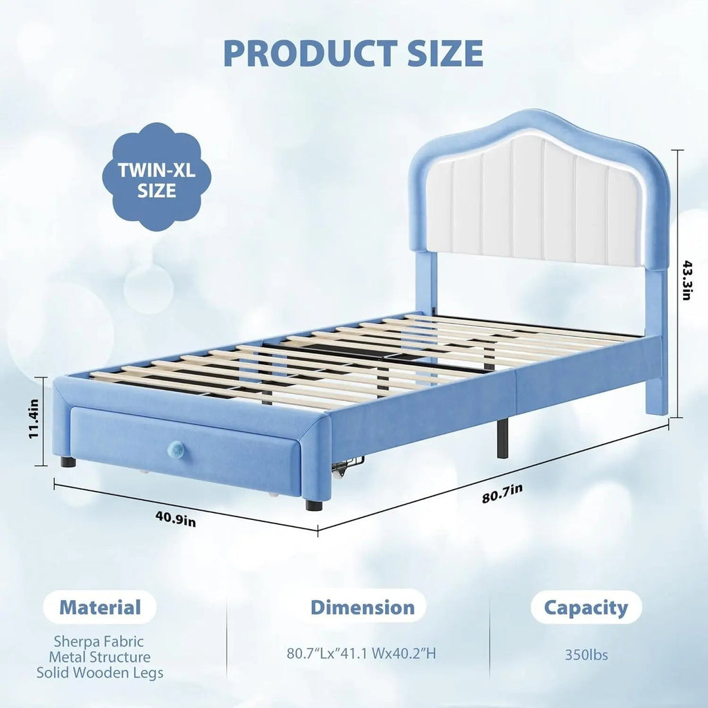 Kids Upholstered Bed Frame with LED Crown Headboard, Velvet Fabric and Metal-Wood Construction, Modern Princess Style Platform B