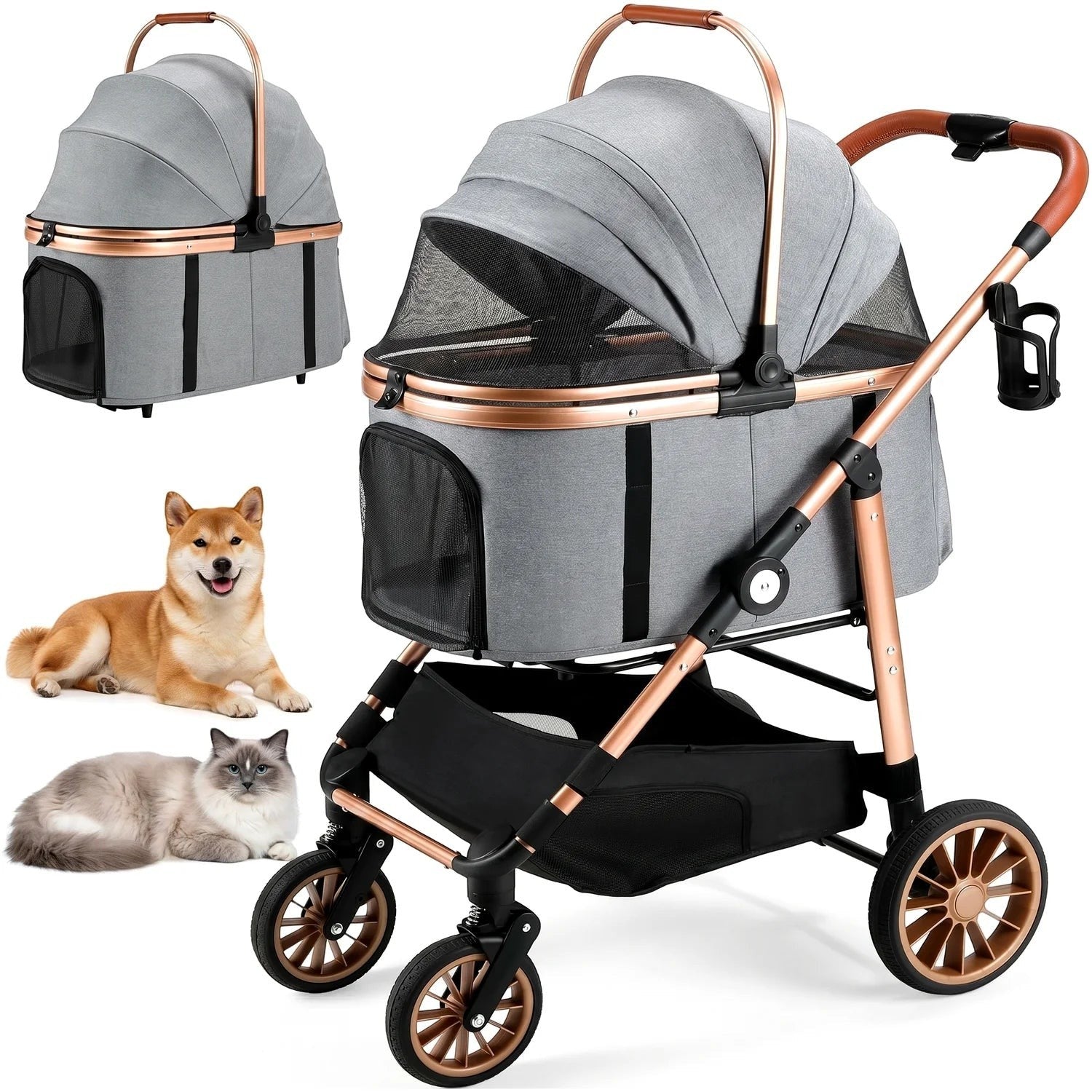 Mincy Pets All-Terrain Pet Stroller with Carrier & Basket product photo.