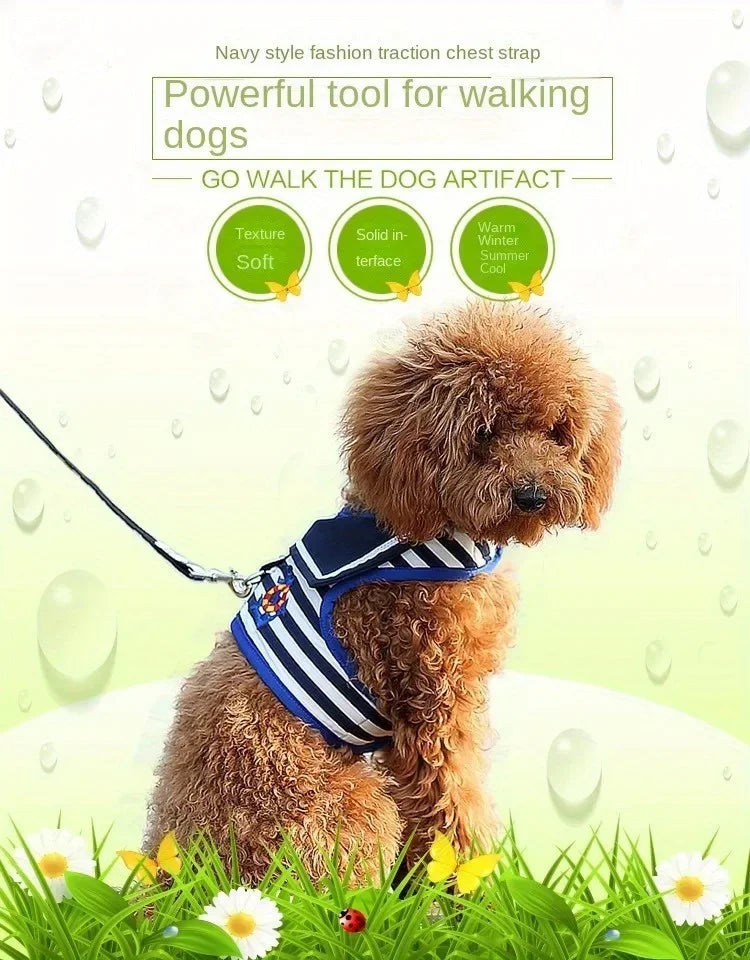 Soft and Breathable Nautical-style Dog Outfit & Leash Set, Suitable for Small and Medium Dogs, Puppy Collars, Harness and Leash for Dogs and Cats