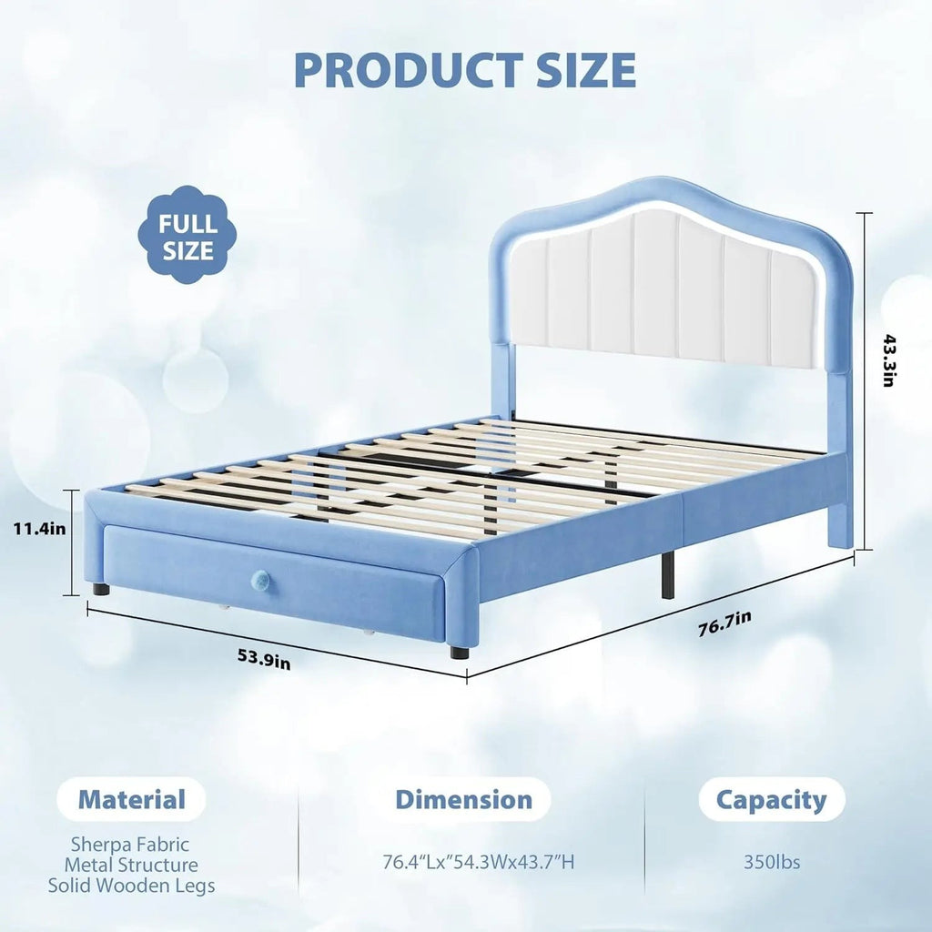 Kids Upholstered Bed Frame with LED Crown Headboard, Velvet Fabric and Metal-Wood Construction, Modern Princess Style Platform B