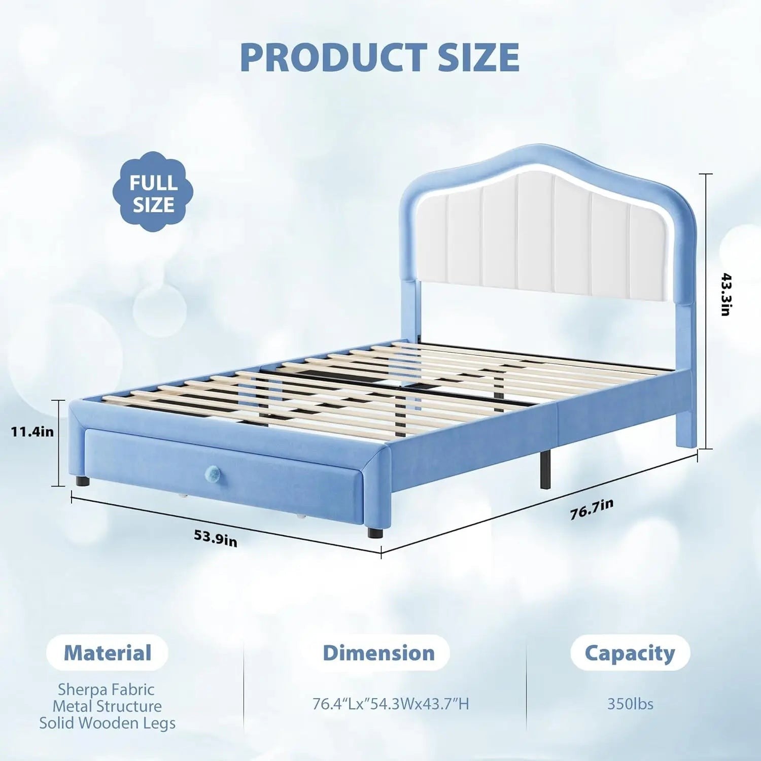 Kids Upholstered Bed Frame with LED Crown Headboard, Velvet Fabric and Metal-Wood Construction, Modern Princess Style Platform B