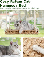 Cat Window Perch Hammock Bed for Indoor Cats, Large Handwoven PE Rattan Window Seat, 4 Suction Cups, Washable Cushion, 2.3 Inch Fence Shelf