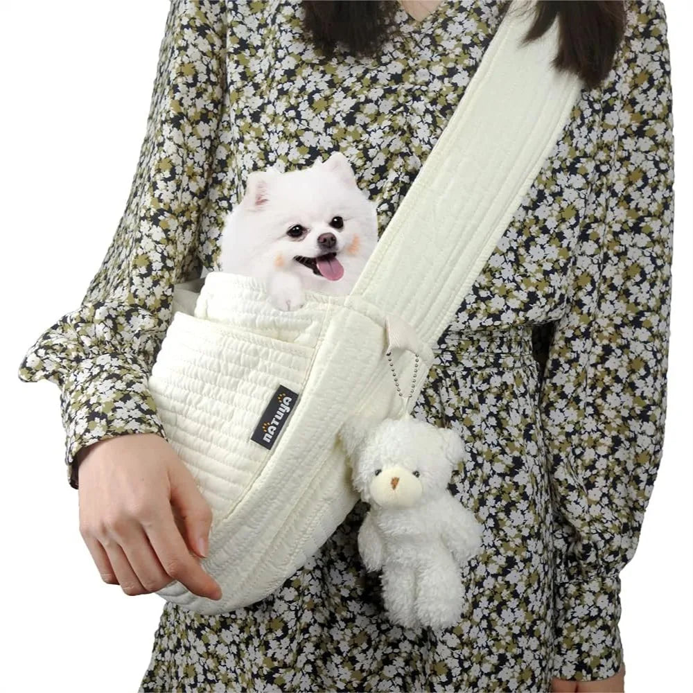 Canvas Dog Sling Carrier for Small Pets Hands Free with Safety Hook and Pocket for Outdoor Travel