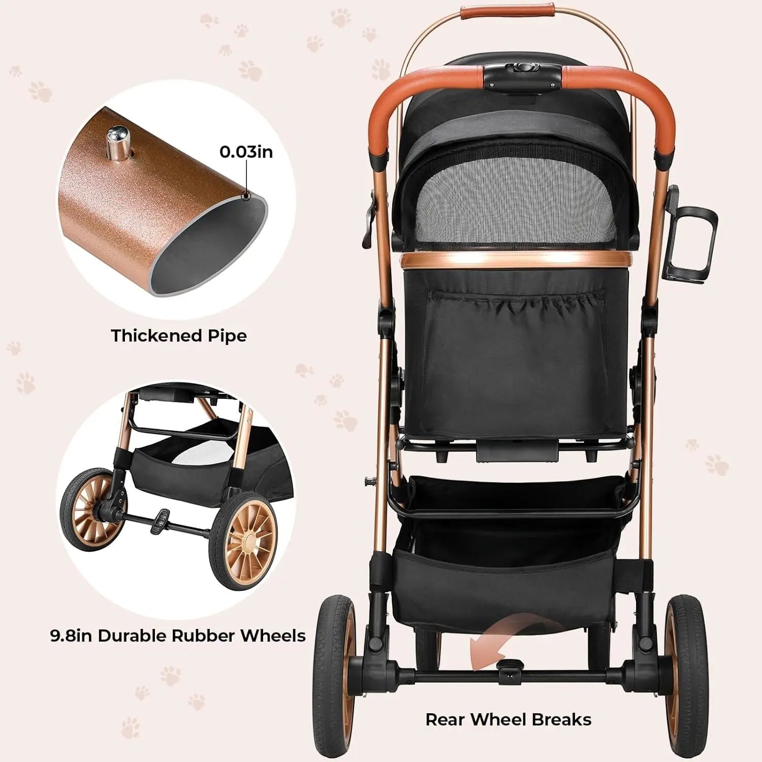 Foldable Pet Stroller for Medium Dog Cat Up to 55 lbs,All-Terrain 3-in-1 Dog Stroller with Carrier,Storage Basket,Cup Holder
