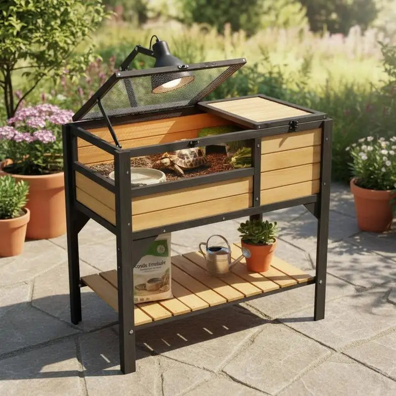Tortoise Habitat, Wooden Tortoise House Indoor & Outdoor, Tortoise Enclosure with Light Stand, Reptile Enclosure Small Animal Cage with Stand Legs for Gecko, Lizard, Snake