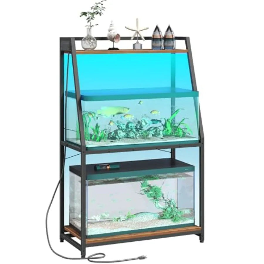 Fish tank stand for 20-29 gallon aquariums, metal frame, rustic brown, heavy duty with power outlets and LED light, 33.1'' L x