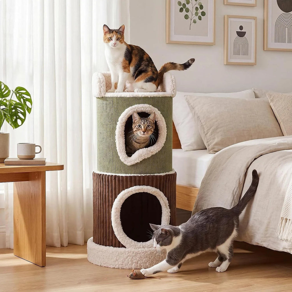 33.5in Barrel Cat Condo 2 Story House with Top Perch Comfy Mats