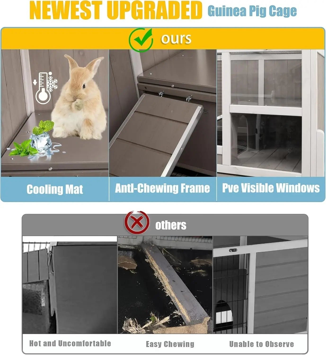Wooden Guinea Pig Cage 2-Story with Stand, Leak-Proof Tray, Ramp & Hideout for Small Pets