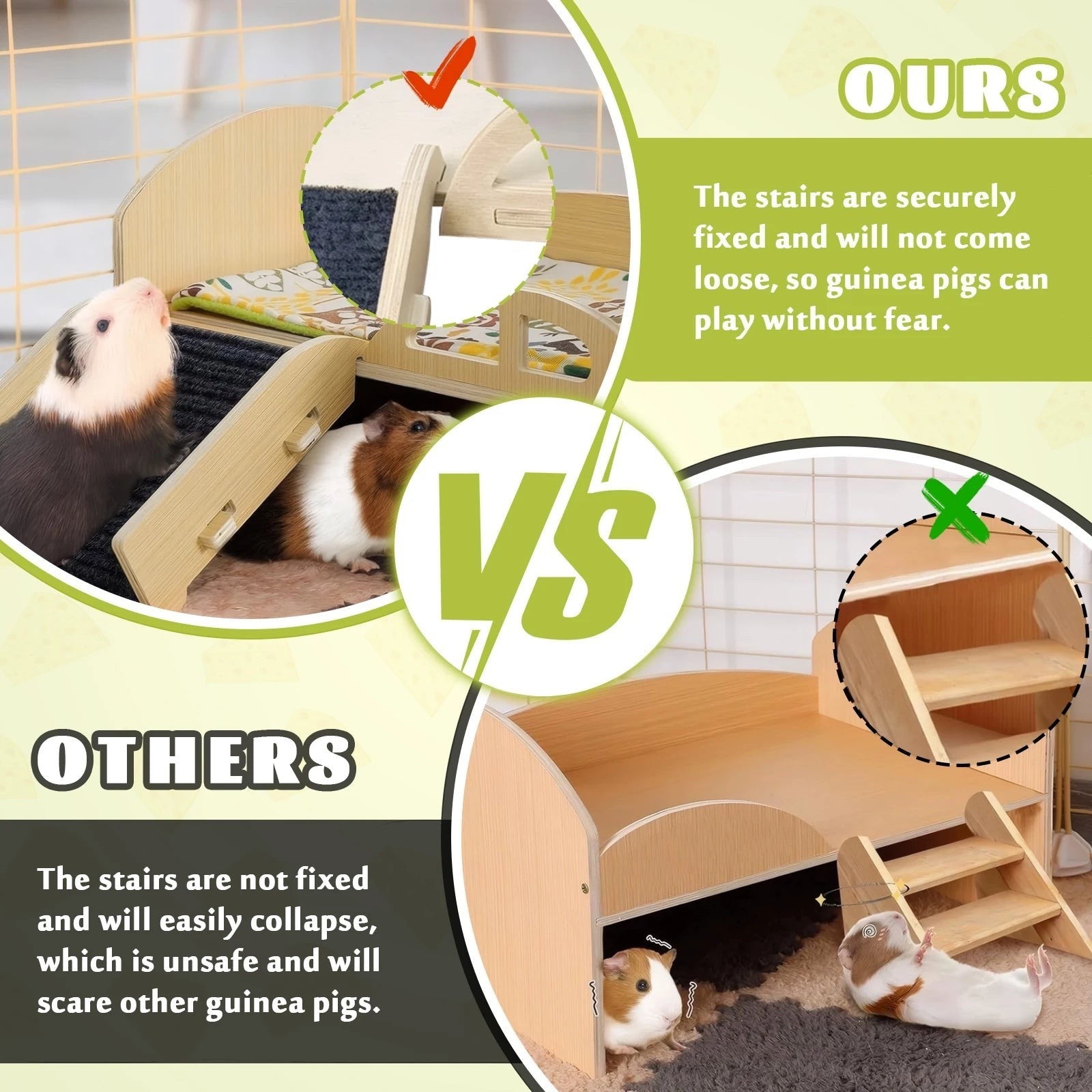 Guinea Pig Bed with Stable Stairs & Mat Wood Pet Toy Bed Reusable Multi-Level Guinea Pig Castle for Hamsters Bunny Chinchillas