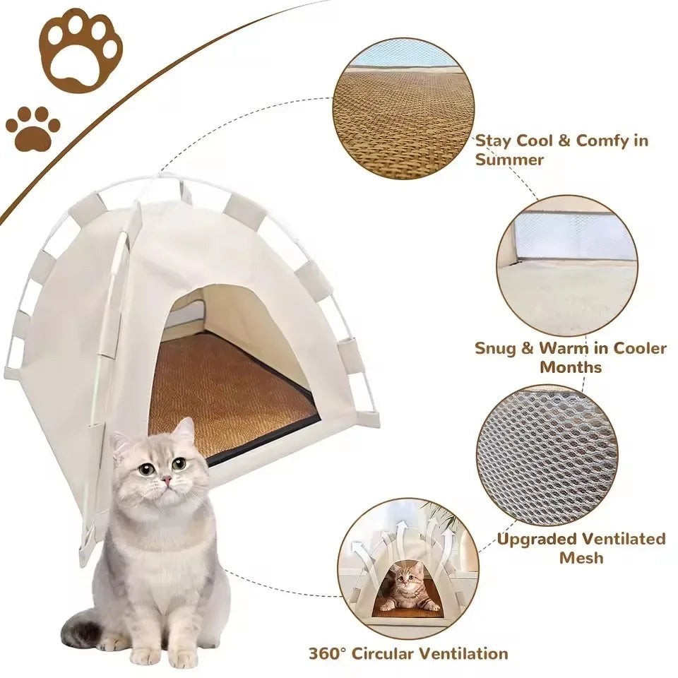 Portable Cat Tent Bed Breathable Oxford Pet House with Double-sided Mat Summer Cooling Cat Cave for Indoor Outdoor Cats Dogs