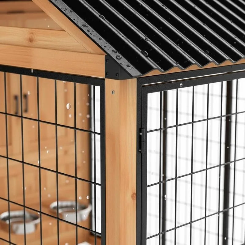 7' X 6' Extra Large Dog House, Wood Outdoor Dog Kennel with Storage Cabinet, Stainless Steel Bowls, Light Yellow