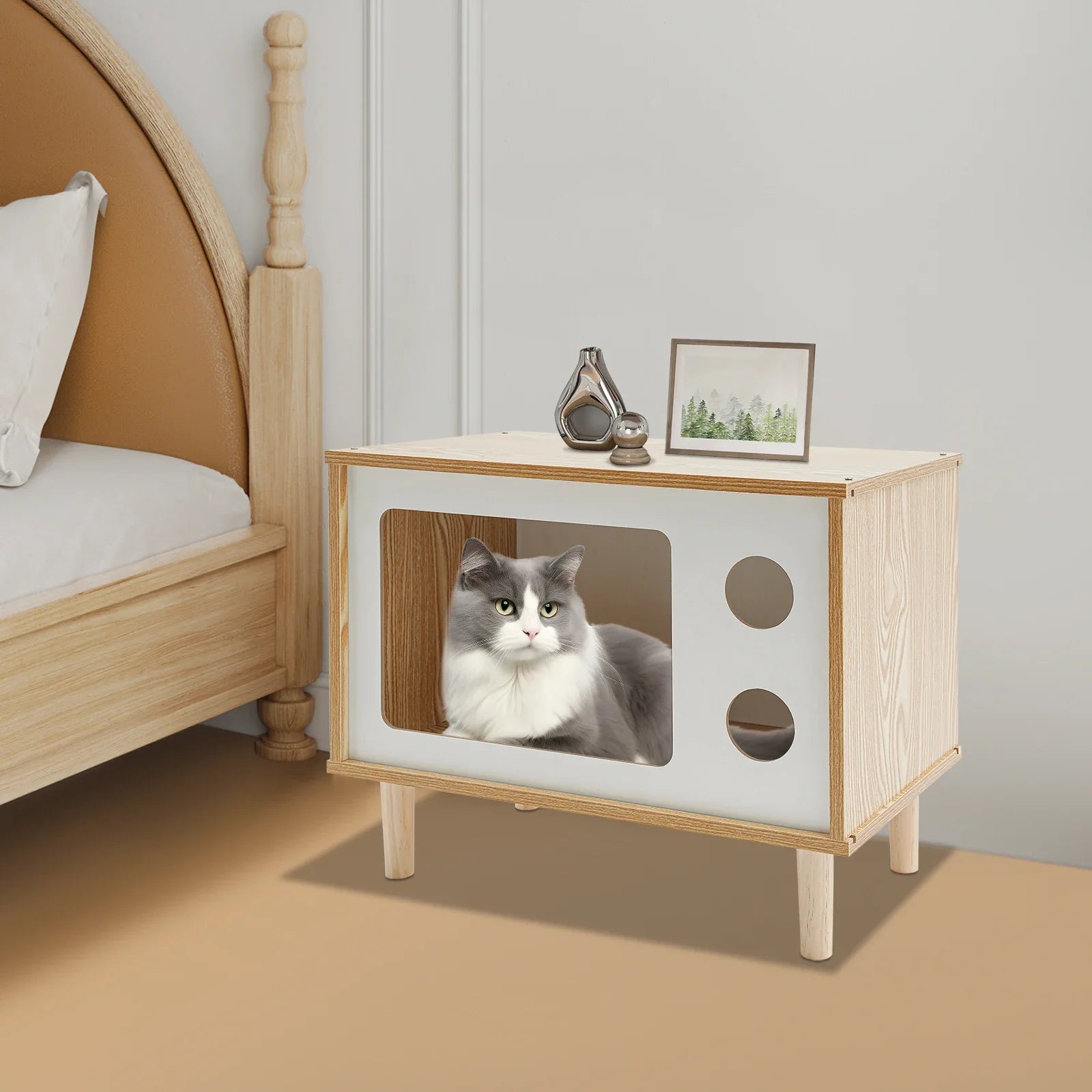 Marlowe Mid-Century Cat House — Solid Wood TV-Stand Silhouette
