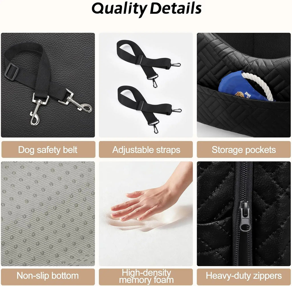 Waterproof PU Leather Dog Car Seat for Small Medium Dogs Under 35lbs, Detachable Cover, Memory Foam, Safety Belt & Storage Pockets