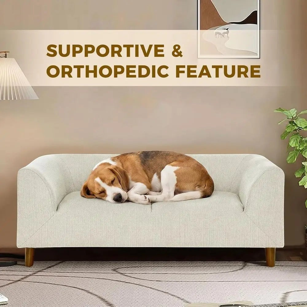 Memory Foam Dog Sofa Bed with Backrest and Armrest, Elevated Pet Couch Bed with Wooden Legs, Beige