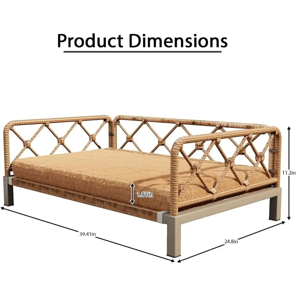 Indoor Wicker Dog Bed with Rattan Sofa, Cushion, and Pet Furniture - Brown, Large & Medium Sizes