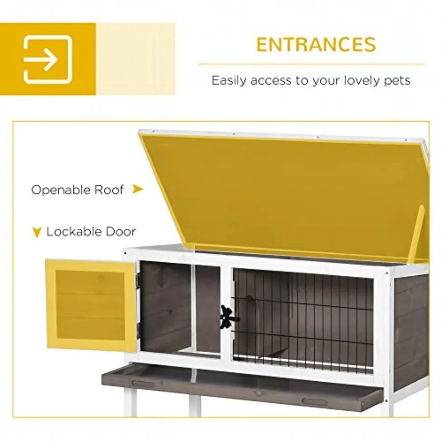 Elevated Wooden Rabbit Hutch, Indoor/Outdoor Bunny Cage with Hinged Asphalt Roof and Removable Tray for Guinea Pig