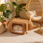 Elephant Rattan Cat Condo: Woven-Style Wicker Hideaway with Cushion