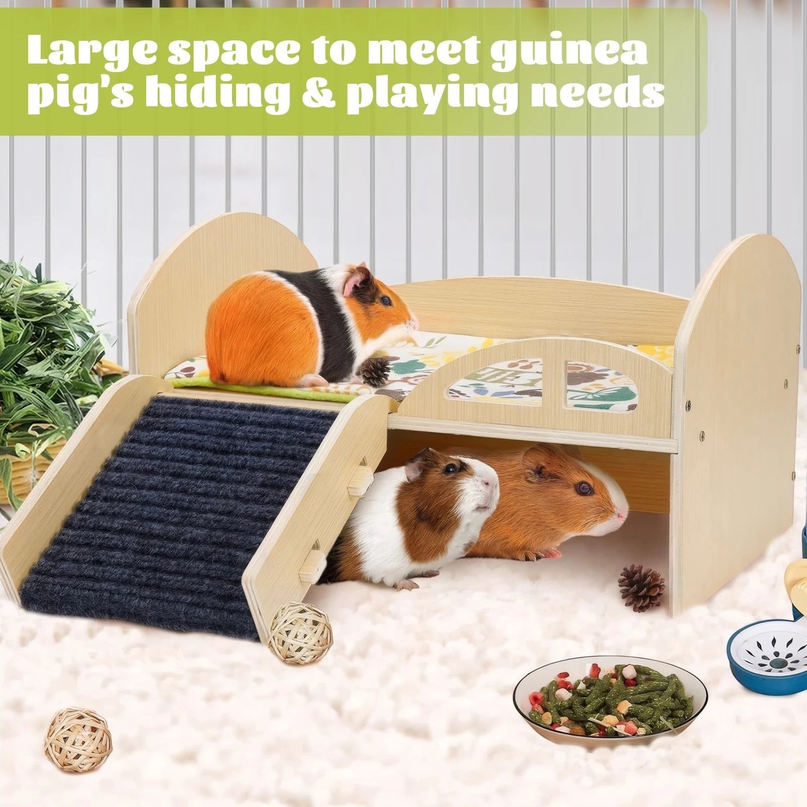 Guinea Pig Bed with Stable Stairs & Mat Wood Pet Toy Bed Reusable Multi-Level Guinea Pig Castle for Hamsters Bunny Chinchillas