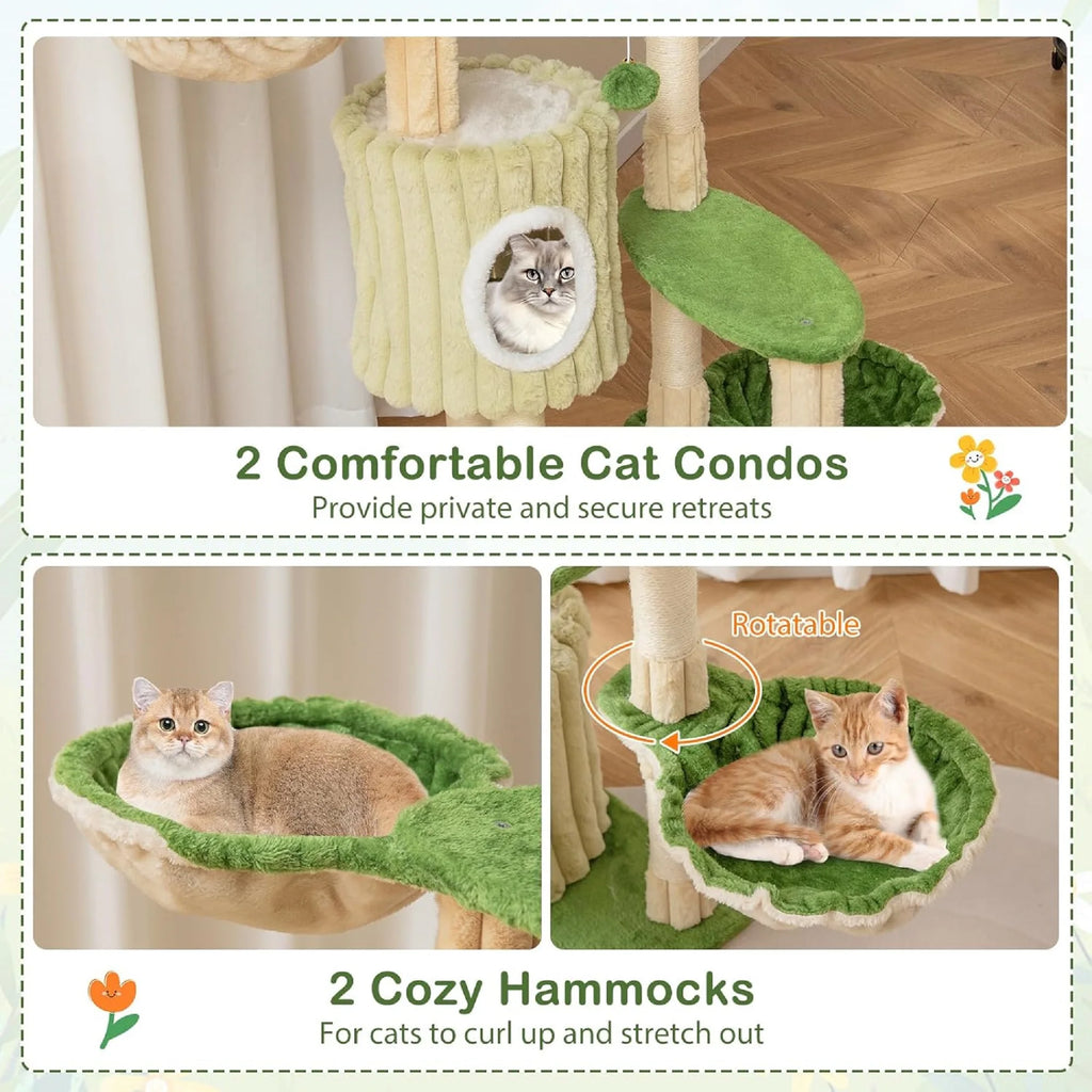63 inch Tall Cat Tree,Multi-Level Aesthetic Stripped Cat Tower with Sisal Scratching Posts, 2 Condos,2 Side Baskets,and 2 Balls
