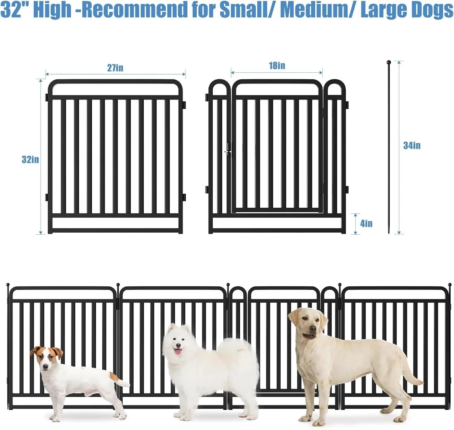 32 Inch Dog Playpen with Door, Heavy Duty Metal Exercise Pen for Large Medium Small Dogs, Foldable Outdoor Yard Fence 16 Panels