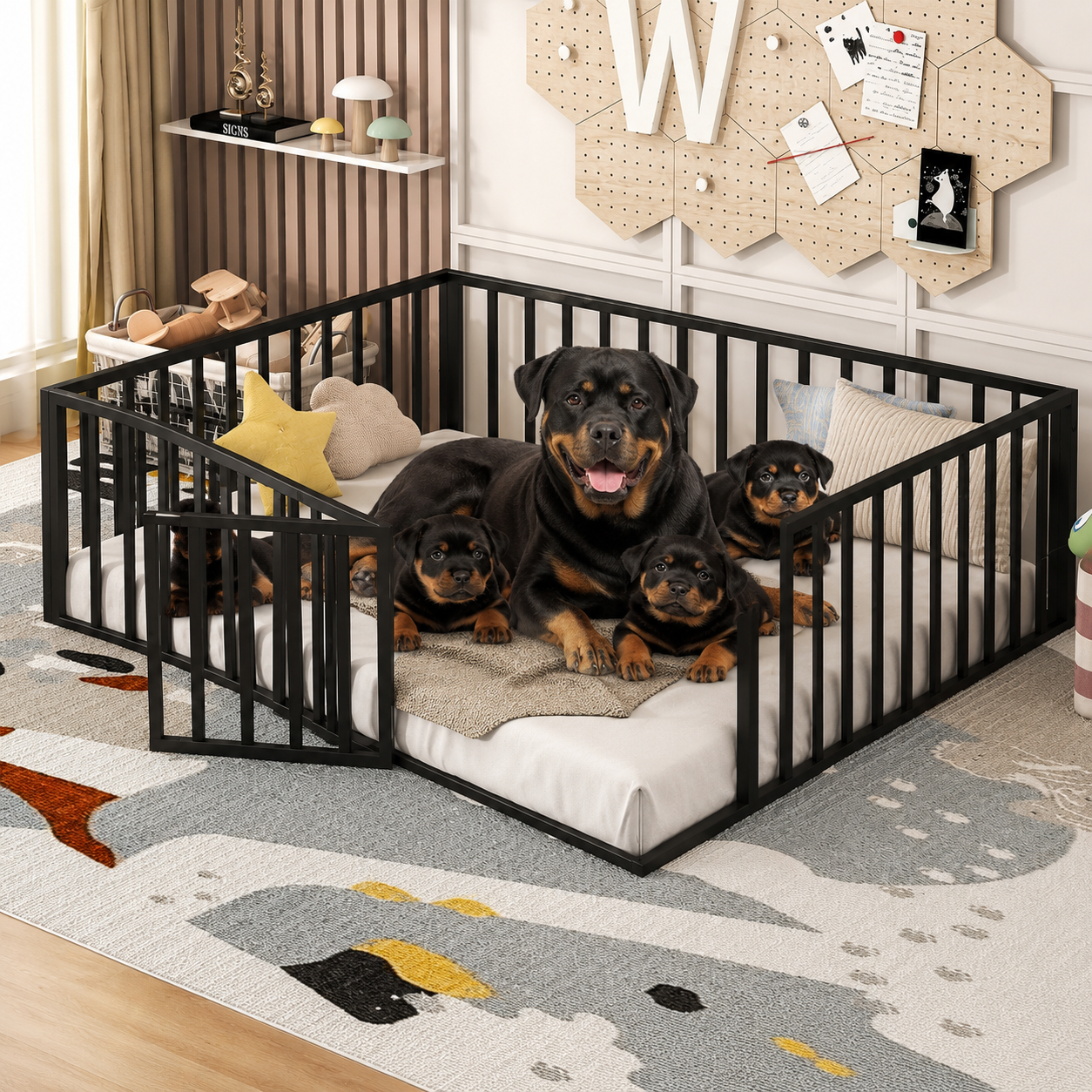 Mincy Pets XXL Enclosed Dog Bed: Steel Floor Frame with Doorway, Black product photo.