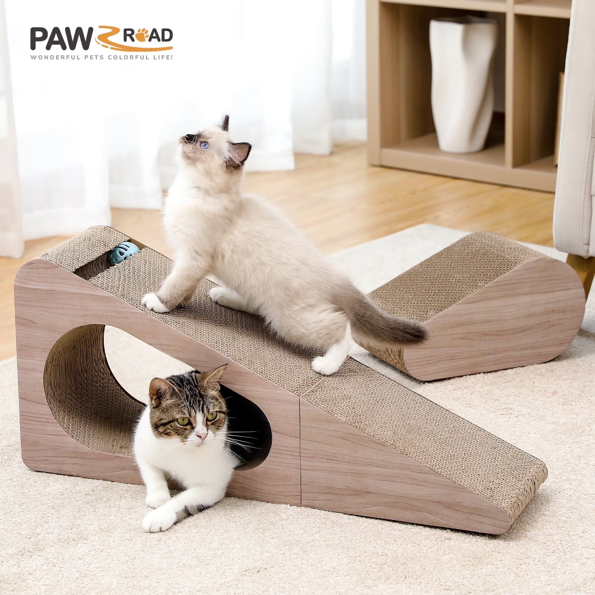 28" Cat Scratching Post 2 in 1 Large Three Sided Cat Scratcher Cardboard Cat Scracherwith Balls for Indoor Cat and Kittens