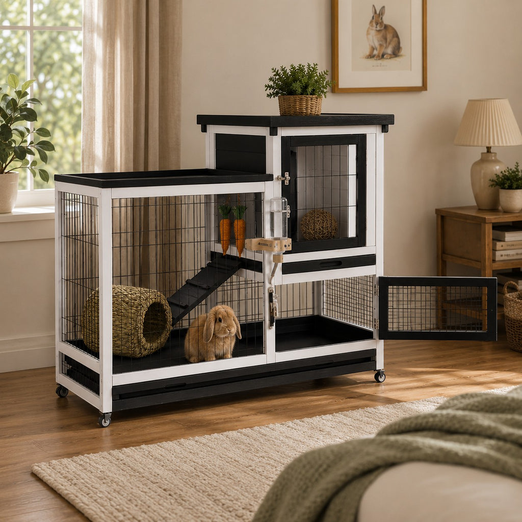 Mincy Pets 2-story rabbit hutch with black and white frame, chew-proof ramp, and leak-proof trays in a living room.