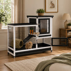 Mincy Pets 2-story rabbit hutch with black and white frame, chew-proof ramp, and leak-proof trays in a living room.