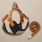 Mincy Pets breathable polyester dog harness and leash set in black and brown with a cute bear patch design