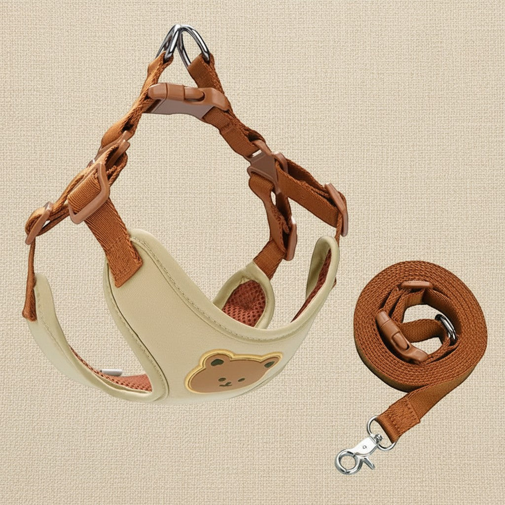 Mincy Pets beige and brown breathable polyester dog harness and leash set with a cute bear pattern for small dogs