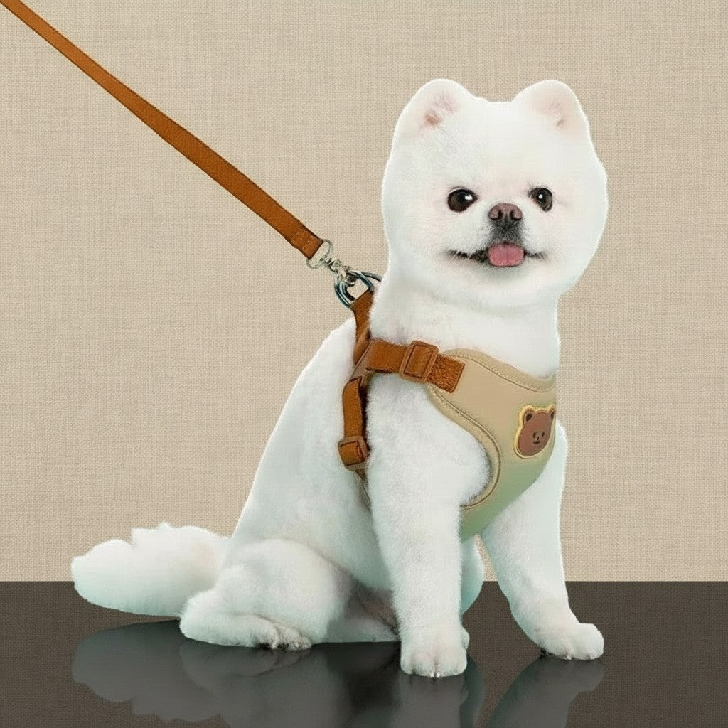 Mincy Pets beige breathable polyester dog harness and leash set with a cute bear patch on a white Pomeranian dog