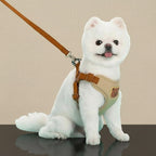 Mincy Pets beige breathable polyester dog harness and leash set with a cute bear patch on a white Pomeranian dog