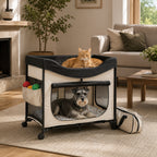 Mincy Pets beige foldable elevated pet bed with wheels, side storage, and a carry bag, featuring a cat and dog inside.