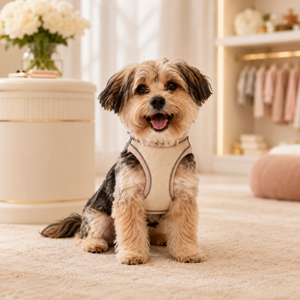 Mincy Pets beige linen step-in dog harness with soft mesh lining and reflective trim worn by a small puppy