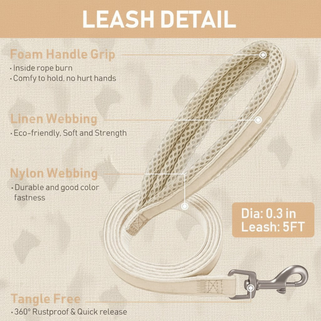 Mincy Pets beige linen dog leash with foam handle grip, nylon webbing, and 360-degree tangle-free metal clasp