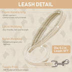Mincy Pets beige linen dog leash with foam handle grip, nylon webbing, and 360-degree tangle-free metal clasp