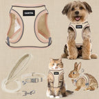 Mincy Pets beige linen dog harness, collar, and leash set with reflective trim and soft mesh lining for puppies
