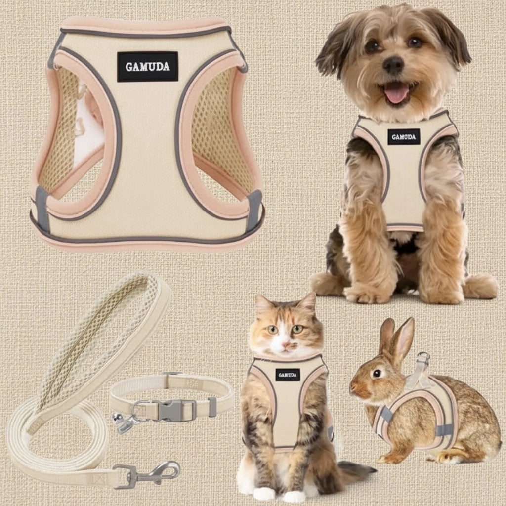 Mincy Pets beige linen dog harness, collar, and leash set with reflective trim and soft mesh lining for puppies