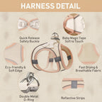 Mincy Pets beige and pink breathable mesh dog harness with reflective strips, quick-release buckle, and metal D-rings.
