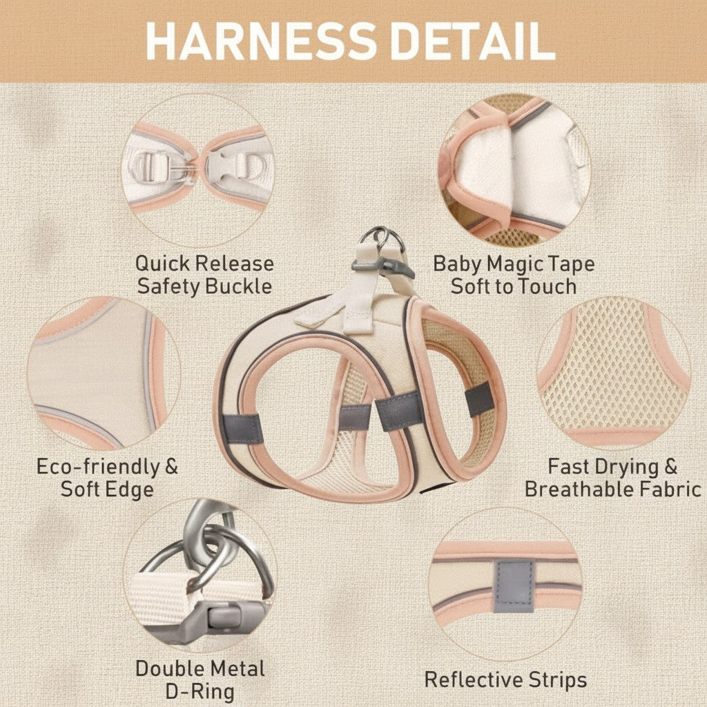 Mincy Pets beige and pink breathable mesh dog harness with reflective strips, quick-release buckle, and metal D-rings.