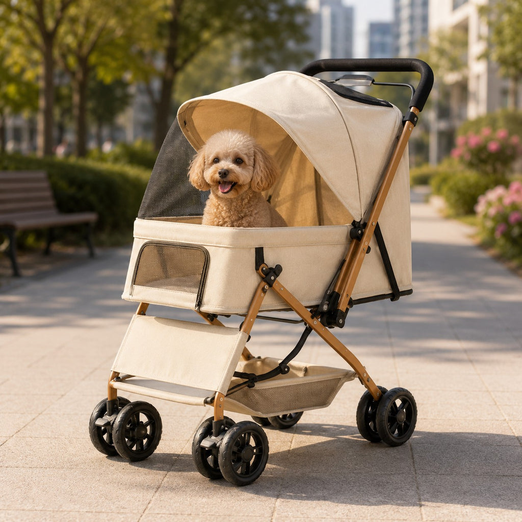 Mincy Pets beige 4-wheel pet stroller with a small poodle sitting inside, featuring a mesh canopy and storage basket