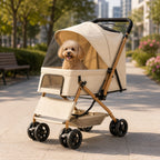 Mincy Pets beige 4-wheel pet stroller with a small poodle sitting inside, featuring a mesh canopy and storage basket