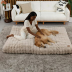 Mincy Pets extra large plush dog bed in beige with a woman petting a golden retriever on a living room rug