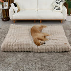 Mincy Pets beige plush dog mat with quilted texture, providing a soft, comfortable sleeping surface for a large dog.