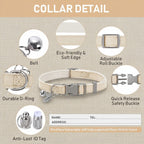 Mincy Pets beige puppy collar with bell, anti-lost ID tag, adjustable buckle, and durable D-ring on linen fabric