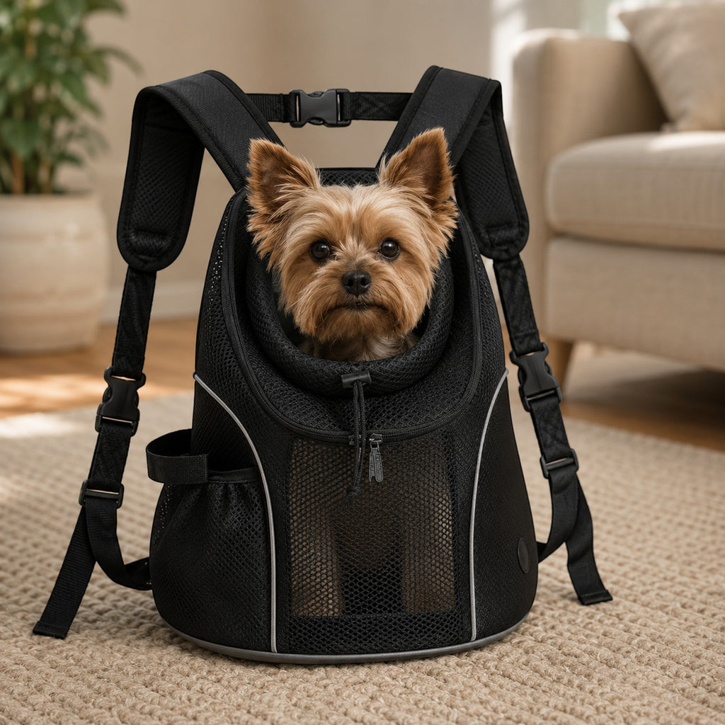 Mincy Pets black ventilated mesh dog carrier backpack with a small dog inside, designed for hiking and travel.