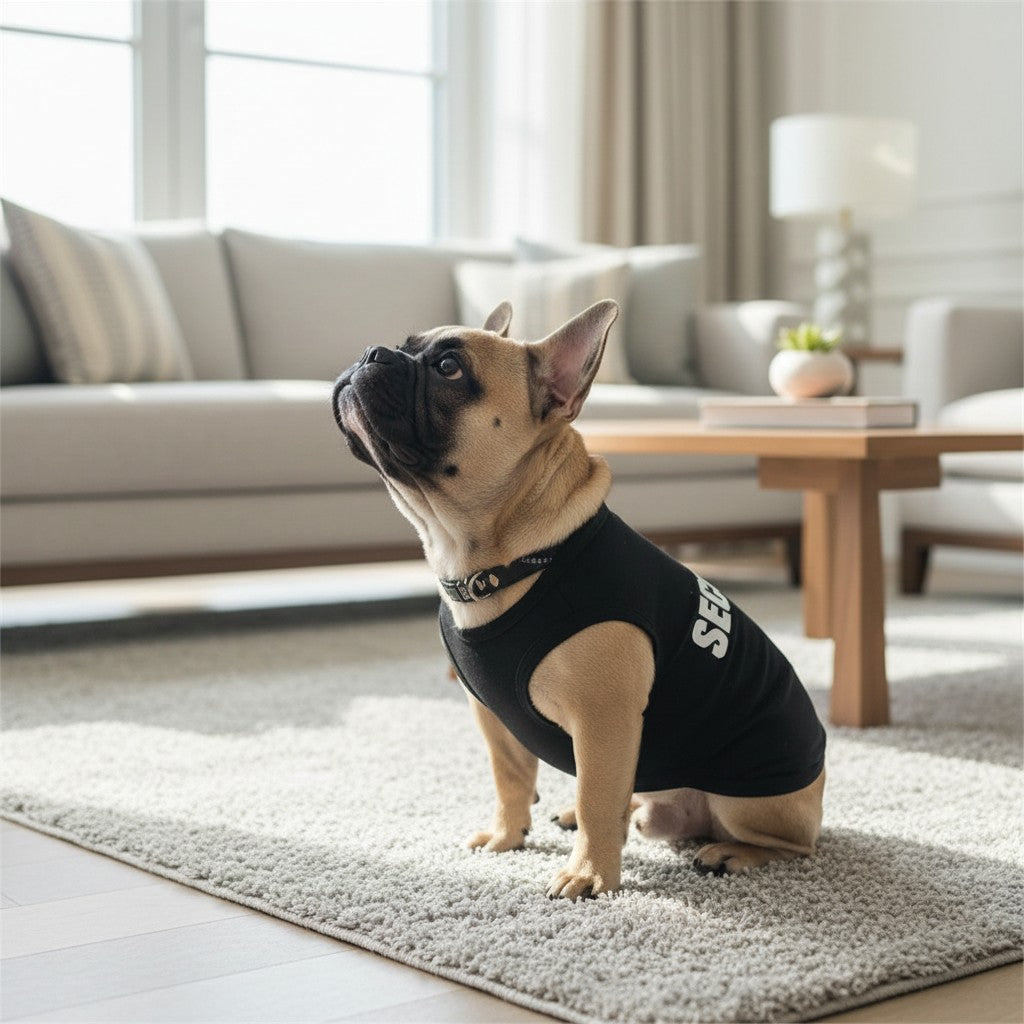 Mincy Pets Letterbox Tank in black worn by a fawn French Bulldog sitting on a rug in a bright living room.